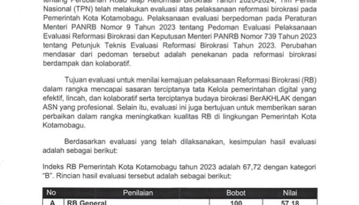 Kota Kotamobagu Raih Nilai Tertinggi Implementasi Reformasi Birokrasi se-Sulut.