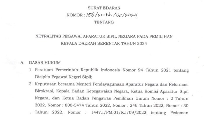 Surat Edaran Wali Kota Dari Kepala Inspektorat Kotamobagu, Tentang Netralitas ASN.