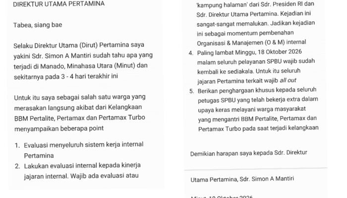 Surat Terbuka Taufik Tumbelaka ke Dirut Pertamina: Desak Evaluasi Total dan Copot Pejabat ‘Nda Beres’ di Sulut